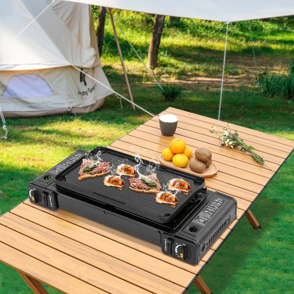 Campingkomfur, Dobbeltbrænder, Bærbart Design, sort