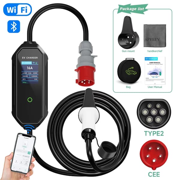 Bärbar EV-laddare, 11KW effekt, Smart APP-kontroll,11KW Typ2 5m