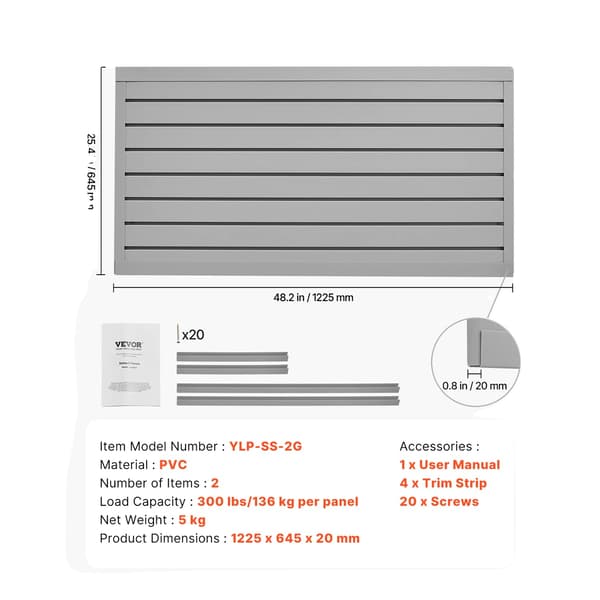 Slatväggspanel, hållbar PVC, justerbar förvaringslösning, Grå, 4 x 4ft  16sq.ft