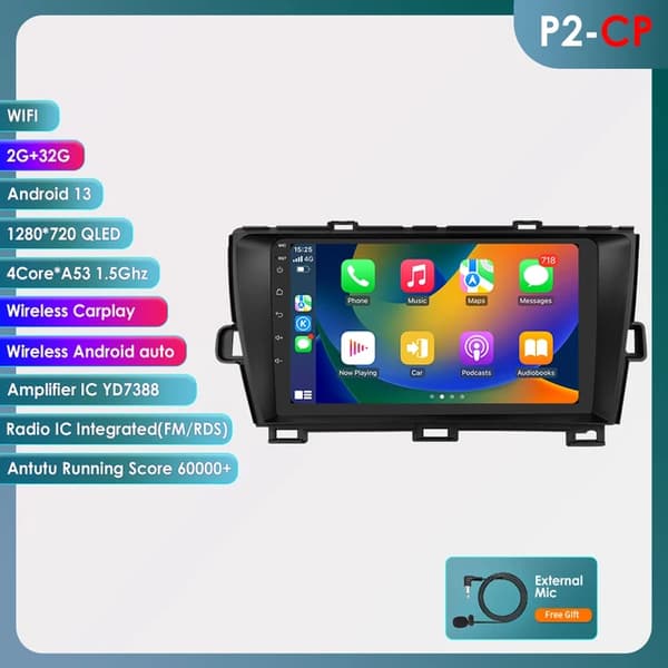 Bilradio, Android 12, 9-tums skärm, P2 Carplay