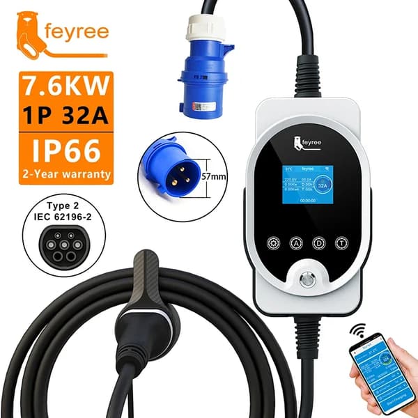EV-lader, Smart APP-kontrol, Justerbar strøm, 7KW APP NE Adapter, TYPE2