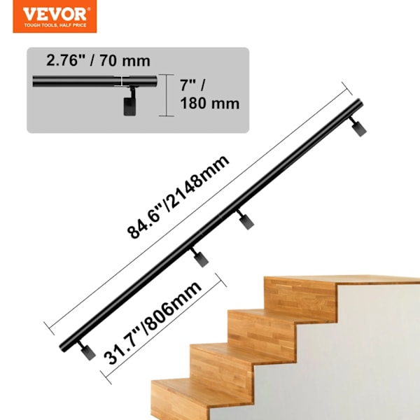 Gelænder, trappegelænder, forbedret stabilitet, ergonomisk design,7 fod 7 ft 7 ft