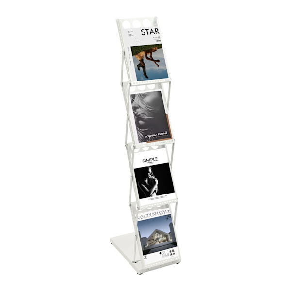 Fällbar Tidningsställ, 4-Plan Design, Hållbar Järn Konstruktion, VIT