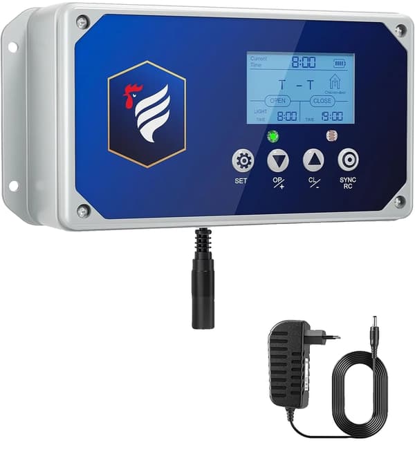 Automatisk hönshusdörr, timer och ljussensor, LCD-display, E