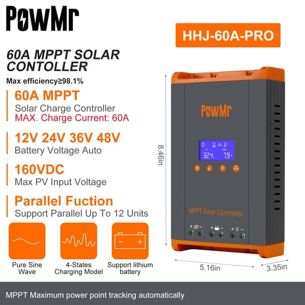 MPPT Solcellsregulator, 60A Maximal Ström, 160VDC Ingångsspänning,MPPT 60A-Parallell