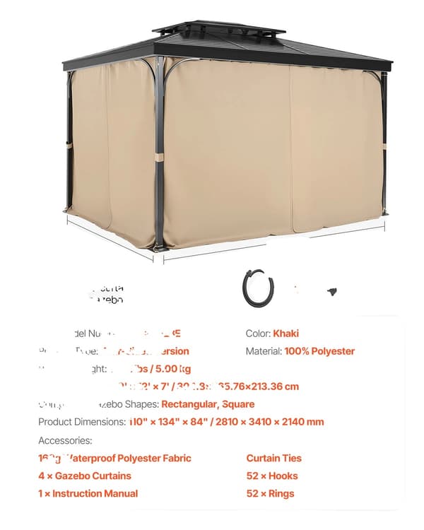 VEVOR Gazebo Gardiner, Fire-sidet Design, Holdbart Polyester Materiale, 12ftx10ftx7ft