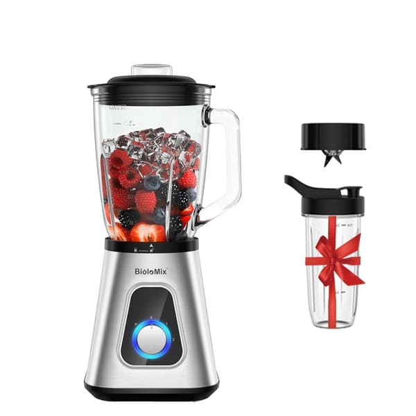 BioloMix Smoothie Blender, 1300W Motor, 1,5L Glasbeholder, Lys grå, EU stik