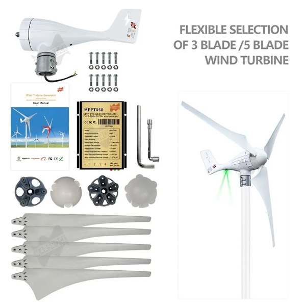 Vindmøllegenerator, 600W output, MPPT-controller, 600W med controller-a, 600W-a, AC 12V