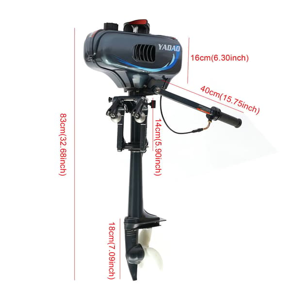 Utombordsmotor, 3,5 hk maximal effekt, 12 km/h hastighet, manuell startsystem