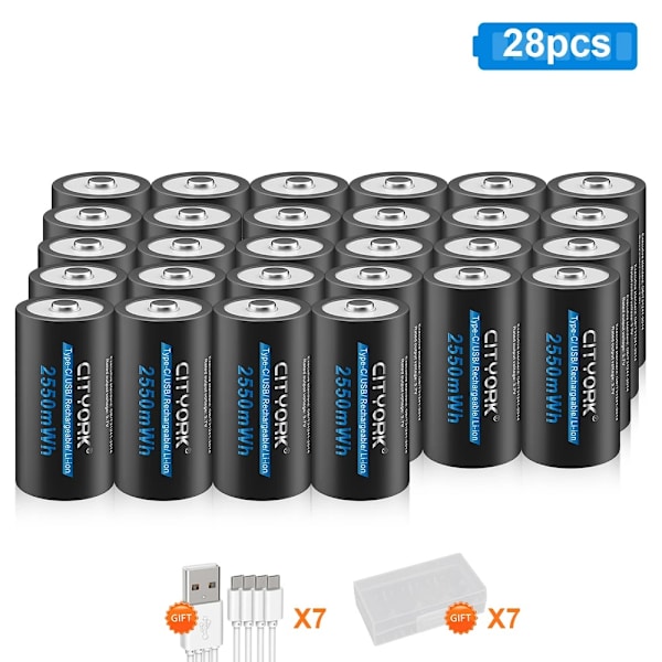 Genopladeligt 3,7V CR123A Batteri, 2550mWh Kapacitet, USB Type-C Opladning,28 stykker 28pcs 28PCS
