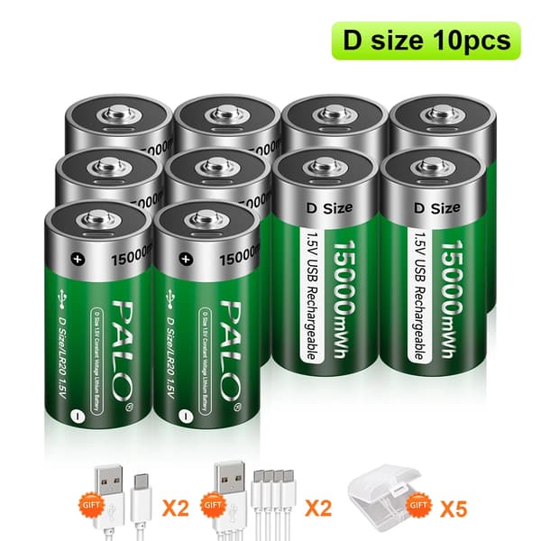 D-storlek Batteri, Uppladdningsbart, 15000mWh Kapacitet, USB-laddning,10batteri
