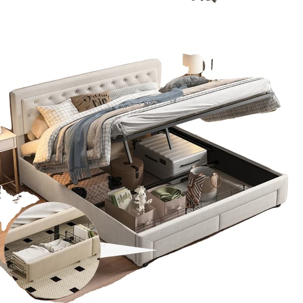Sengestel, Hydraulisk Design, Opbevaringsskuffer, Beige, 160×200cm