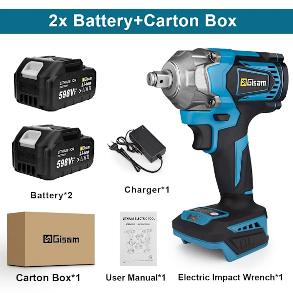 Elektrisk Slagnøgle, 1200 N.M Børsteløs Motor, Trådløs 18V Batteri Kompatibel,2 stk. Batteri sæt 2pcs Battery Set 2pcs Battery Set