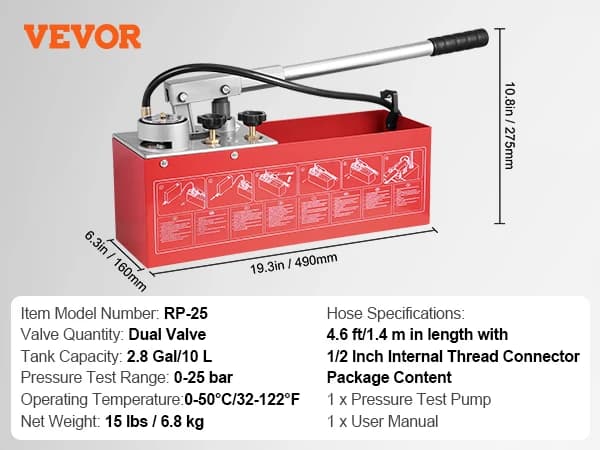 Hydrostatisk testpump, dubbelt ventilssystem, 2,8 gallons kapacitet,Dual Valve 2,8 Gallon