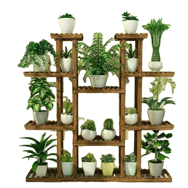 Planteholder, 9 niveauer, holdbart træ- og metaldesign, BRUN