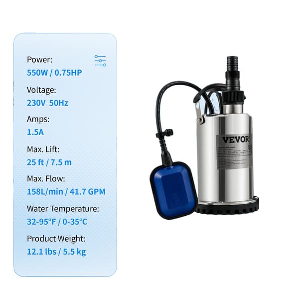 Avloppspump, maxlyft 25 ft, IPX8 -skydd, 550W 0.75HP, EU