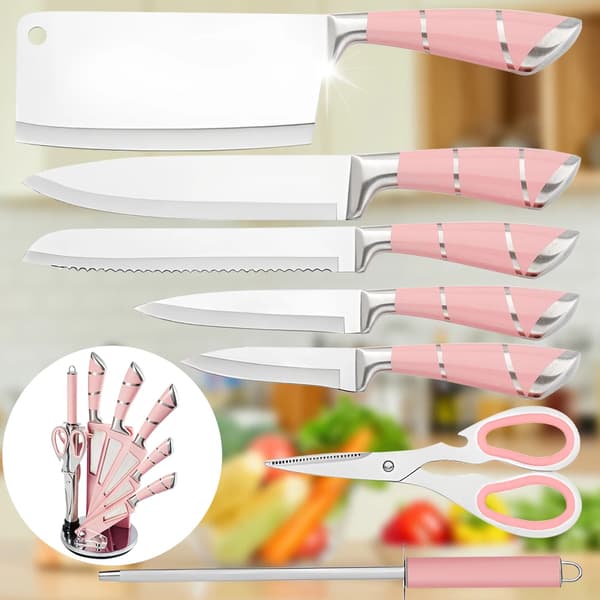 Köksknivset, Professionell Kvalitet, Komplett 9-delars Samling, Rosa