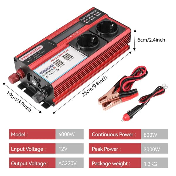 Strömväxlare, 4 USB-portar, LED-display, 4000W