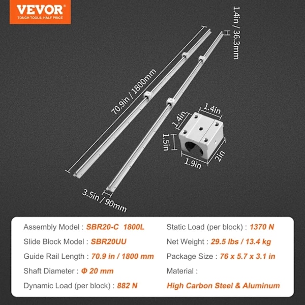 Linjär Guide Rail Set, 1500/1800/2200 mm, SBR20 Guide Rails, 20mm-1800mm 20mm-1800mm 20mm-1800mm