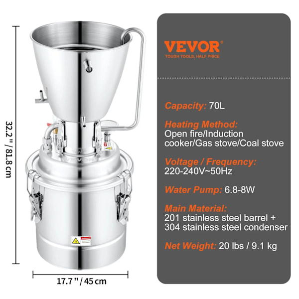 70L Rustfrit Stål Vand Alkohol Destillator, Professionel Destillation, Flere Formål,70 liter 70L 70L