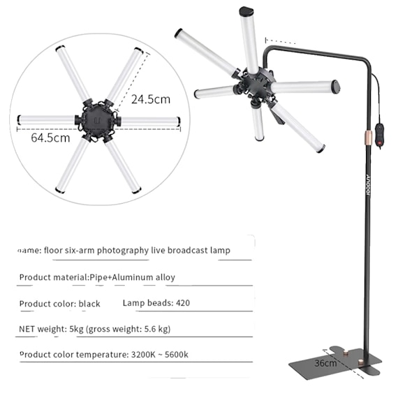 LED Video Light 50W, 6-käsivarsinen lattiavalaisin, säädettävä värintemperatuuri 3200K-5600K musta, EU Black black