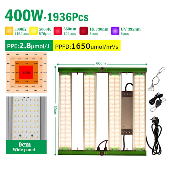 LED Vækstlys, Fuldspektrum, Foldbart Design, 400W
