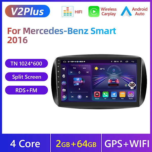 Bil Multimedia Spelare för Mercedes Benz Smart 453 Fortwo, 9" Touchscreen, 2GB RAM + 64GB ROM,2G 64G Bilspel 2G 64G Carplay 2G 64G Carplay