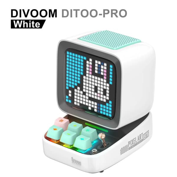 Bärbar Bluetooth-högtalare, DIY Pixelkonstdisplay, Smart väckarklocka, 5000mAh batteri,Ditoo-Pro Vit