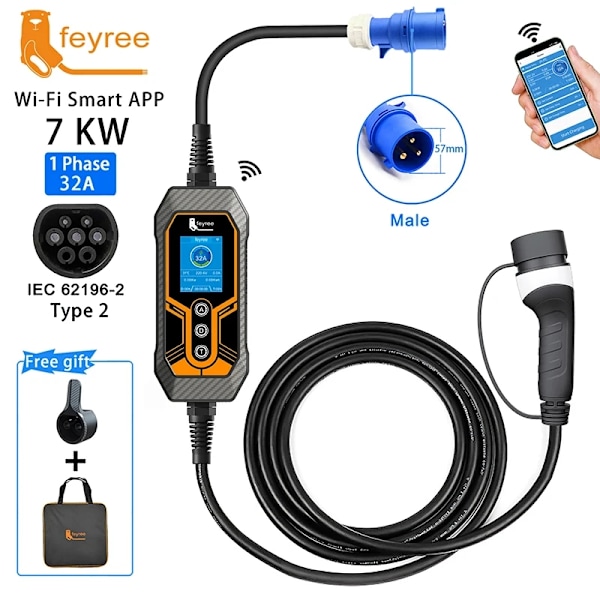 Bærbar EV Oplader 32A 7KW, Smart Wi-Fi App, Justerbar Strøm,7KW 5m Ingen Adapter, TYPE2 7KW 5m NO Adapter 7KW 5m NO Adapter