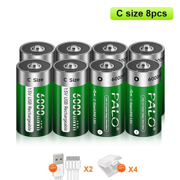 1,5V Litium-uudelleenladattava C-kokoinen paristo, USB-lataus, yli 3500mAh kapasiteetti,8 kpl 8 pcs 8 Pcs