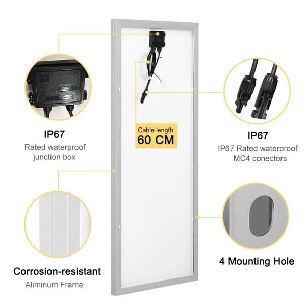 Solpanel, monokristallint kisel, 100W maximal effekt, 100w