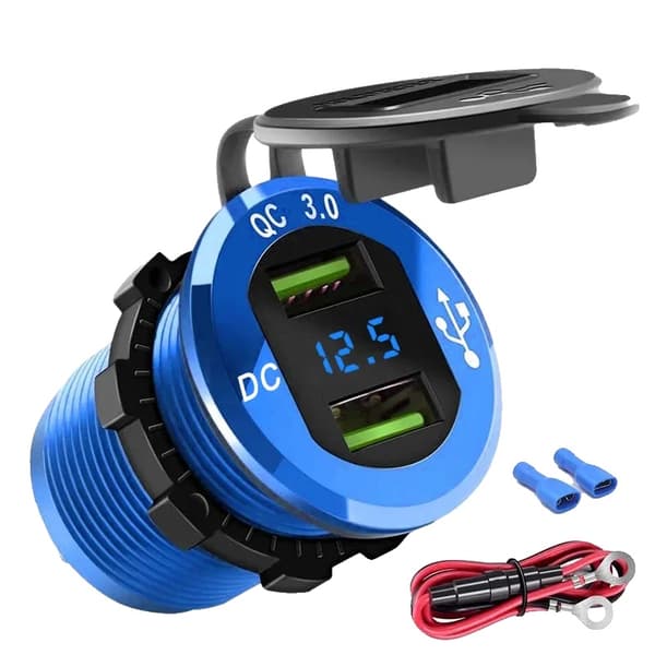 USB Oplader Stik, Hurtig Opladning 3.0, LED Digital Voltmeter, Blå med ledning