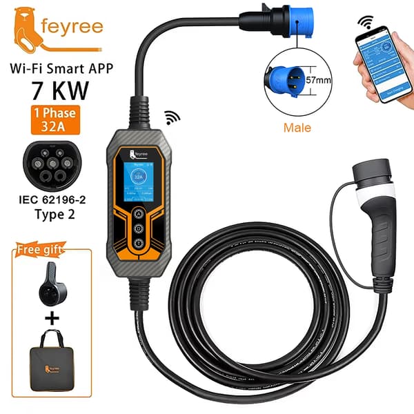 Bärbar EV-laddare, Wi-Fi Smart Kontroll, 7KW Max Effekt,7KW 5m INTE Adapter