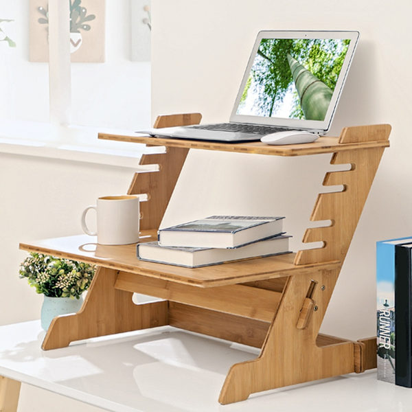 Justerbar Bambus Standing Desk Converter, 6-niveau Højdejustering, 26x18.1x18.9 tommer