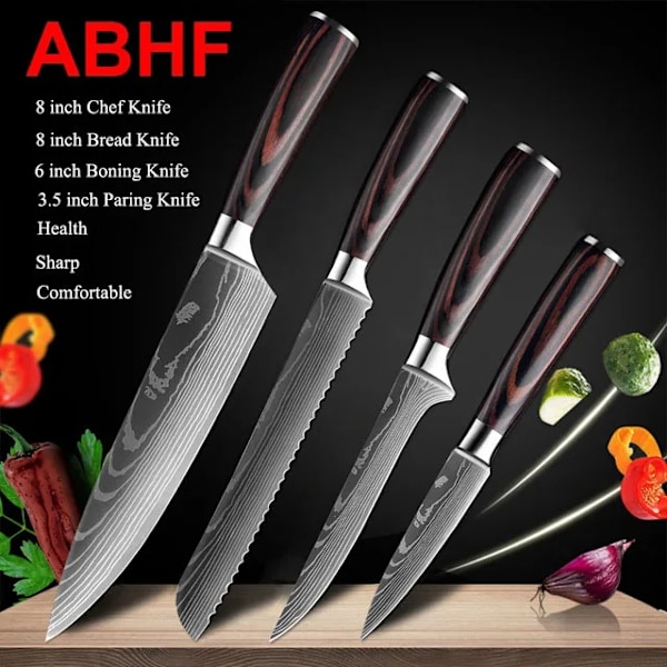 Køkkenknivsæt, Laser Damaskusmønster, Japansk Santoku-kniv, 4 PCS Værdi sæt 02 4 PCS Value set 02 4 PCS Value set 02