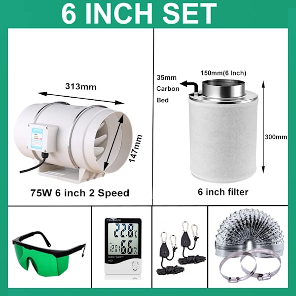 Hydroponiikka Kasvihuonepakkaus, Korkeatehoinen Ilmanvaihto, Täydellinen setti lämpömittarilla ja kosteusmittarilla.,6 tuumaa 300mm 35mm, 220V 6 inch 300mm 35mm