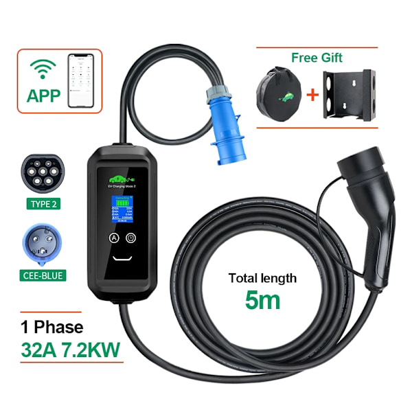 32A Justerbar Bærbar EV Oplader, 5m Kabel, 7.4kw Kraft,APP 32A 7,2kW T2 APP 32A 7.2kw T2 APP 32A 7.2kw T2