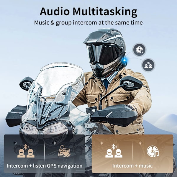 Motorcykel Bluetooth Intercom System, Upp till 8 Ryttare, 2000m Räckvidd, Bullerdämpning