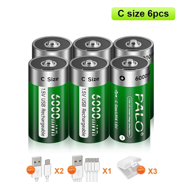 Genopladelige C-størrelse batterier, 1,5V 6000mWh, USB-C opladning, Langvarig holdbarhed,6 stk batteri 6PCS Battery 6pcs battery