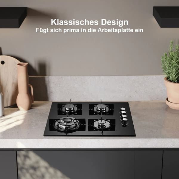 Gaskök, 4-brännare konfiguration, elektronisk tändning, stilren glasdesign