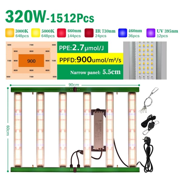 Fullspektrum LED-växtljus, 400W effekt, 1936 LED-konfiguration,320W