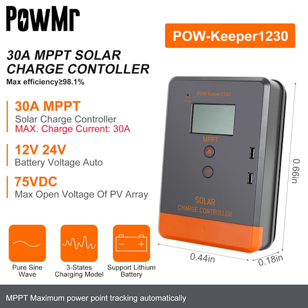 PowMr MPPT Solcellsregulator, Max Ström 100A, Stöder 12V-48V Batterier,MPPT 30A