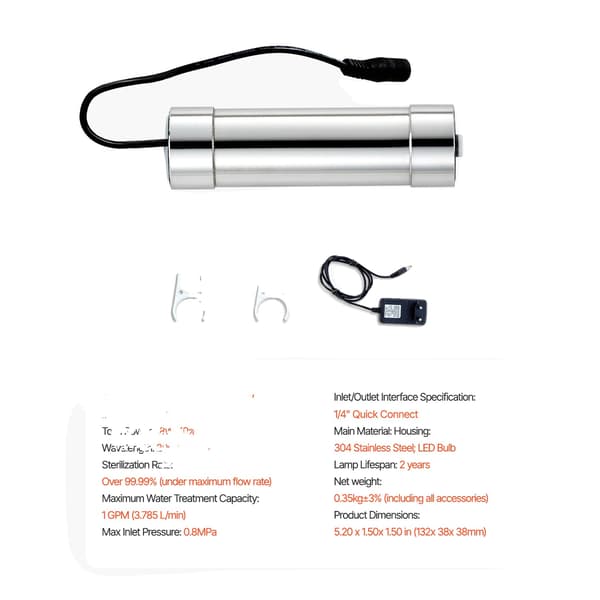 Vandrenser, UV-system, rustfrit stål konstruktion, 8W 1GPM