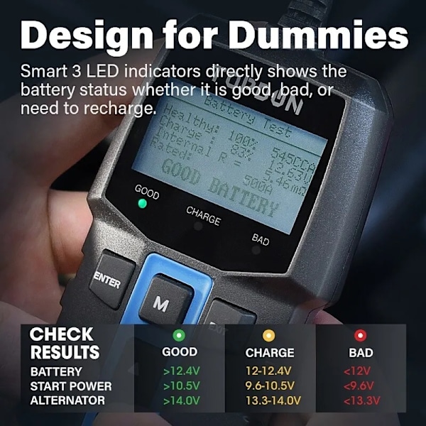 12V Bilbatteri Tester, LCD Skærm, Understøttelse af Flere Sprog,BT100 BT100 BT100