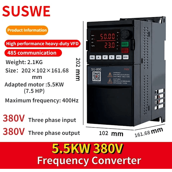 Muuttuvataajuusmuuttaja (VFD), 0,75KW - 5,5KW, Kaksoissyöttö-/lähtöjännite,5,5 kW 380V 5.5KW 380V 5.5KW 380V