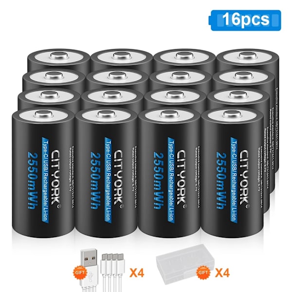 Uppladdningsbart 3,7V CR123A-batteri, kapacitet på 2550mWh, USB Type-C-laddning,16 stycken 16PCS 16PCS