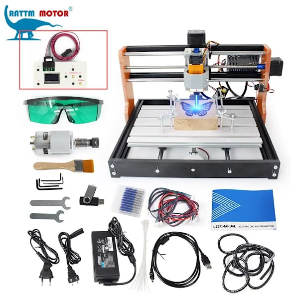 3018 Pro CNC Router, 3-aksers kontrol, 2,8” touchscreen-controller, Hvid controller, 20W