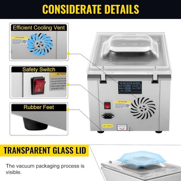Livsmedels Vakuumförpackningsmaskin - 120W Vakuum Pump, Multifunktionell Kontrollpanel, Transparent Glaslock & Nödstopp-knapp