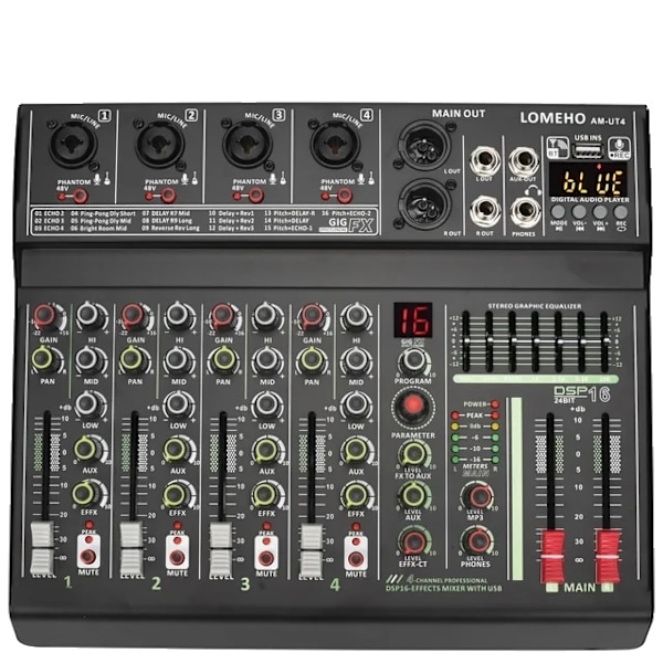 Ljudmixer, 4 kanaler, 7-bands EQ, USB-anslutning, EU-kontakt EU Plug EU Plug