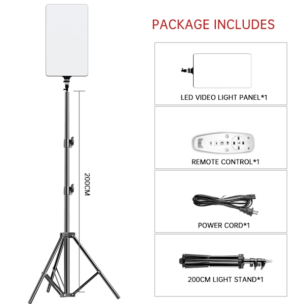 LED Videobelysningskit, Justerbar Ljusstyrka, Färgtemperatur 3200K-5600K,Ny 200cm stativ New 200cm tripod New 200cm tripod